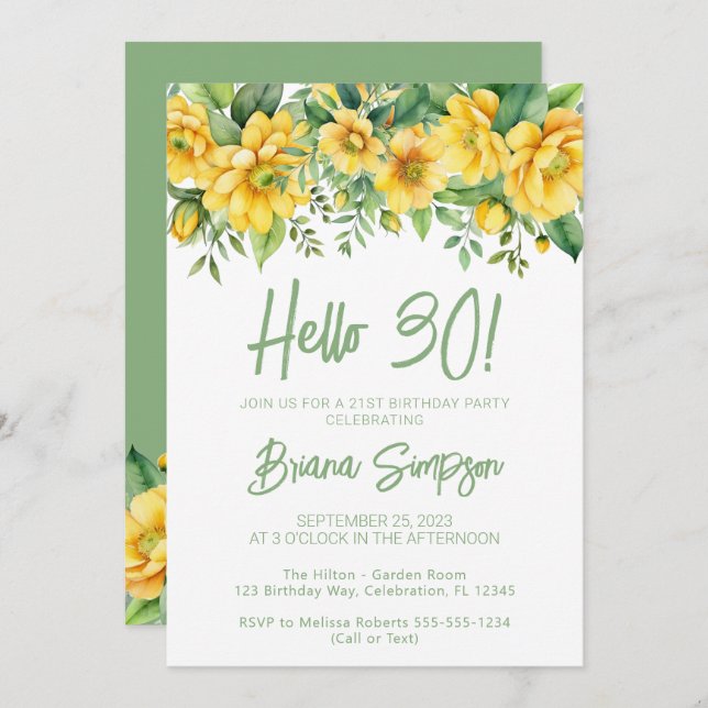 Yellow Sage Green Floral 30th Birthday Party Inbjudningar (Fram/baksida)