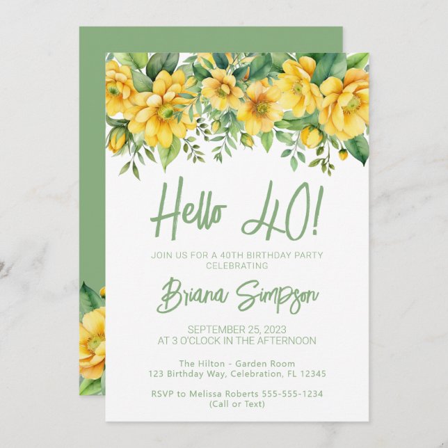 Yellow Sage Green Floral 40th Birthday Party Inbjudningar (Fram/baksida)