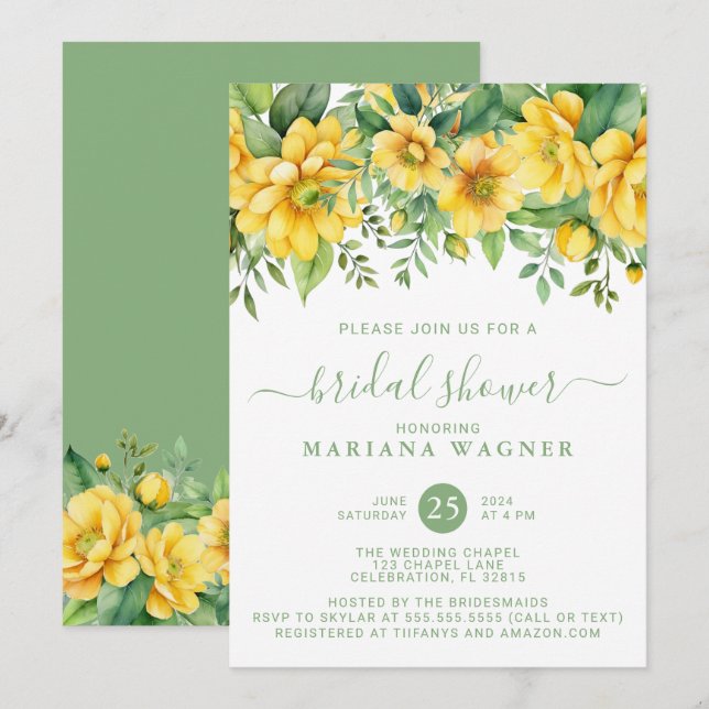 Yellow Sage Green Floral Bridal Shower Inbjudningar (Fram/baksida)