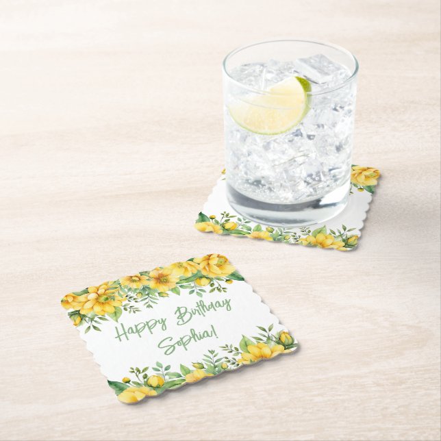 Yellow Sage Green Flowers Floral Party Napkins Underlägg Papper (Insitu)