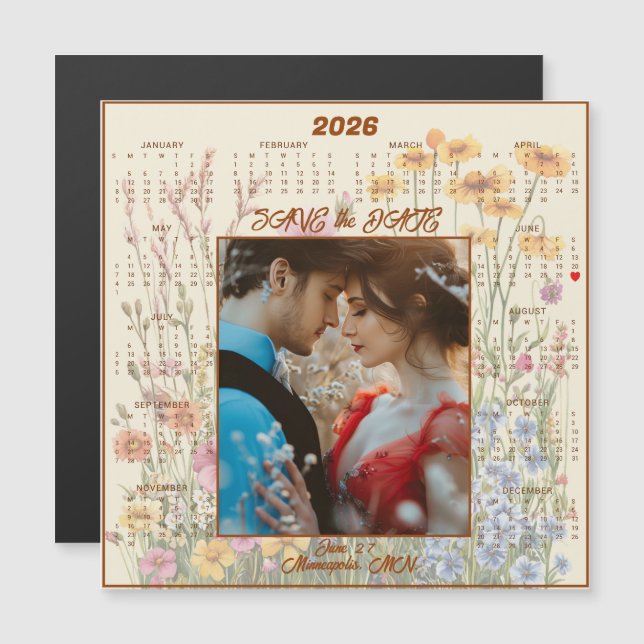 Yellow Save the Date Engaged Couple Magnetic  (Fram/baksida)