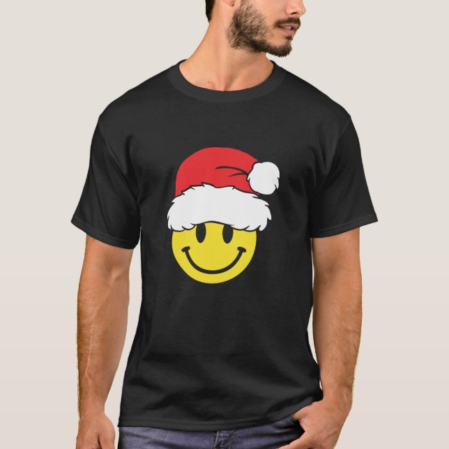 Yellow Smile Face Christmas Santa Hat Xmas Happy F T Shirt (Framsida)