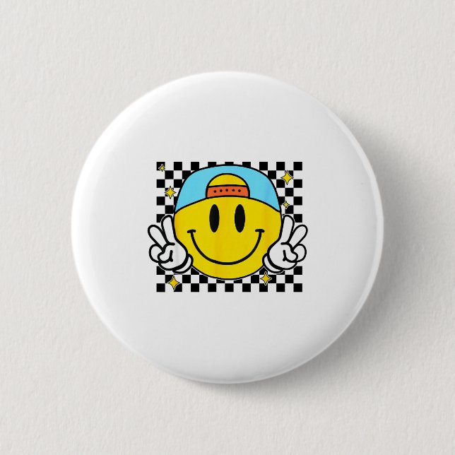 Yellow Smile Face Cute Checkered Peace Smiling Hap Knapp (Framsida)