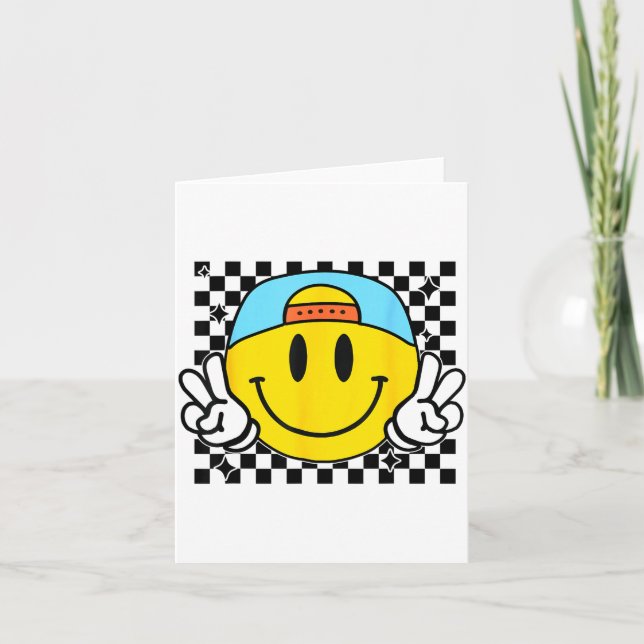 Yellow Smile Face Cute Checkered Peace Smiling Hap Kort (Framsida)
