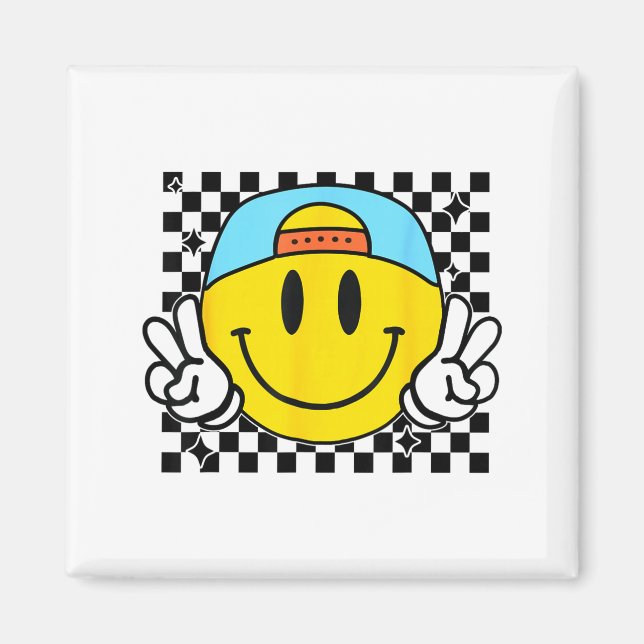 Yellow Smile Face Cute Checkered Peace Smiling Hap Magnet (Framsidan)
