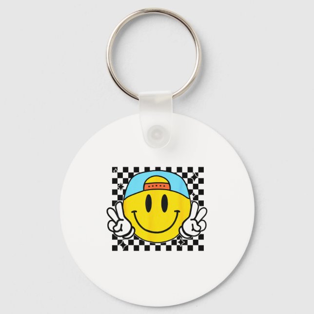 Yellow Smile Face Cute Checkered Peace Smiling Hap Nyckelring (Framsida)