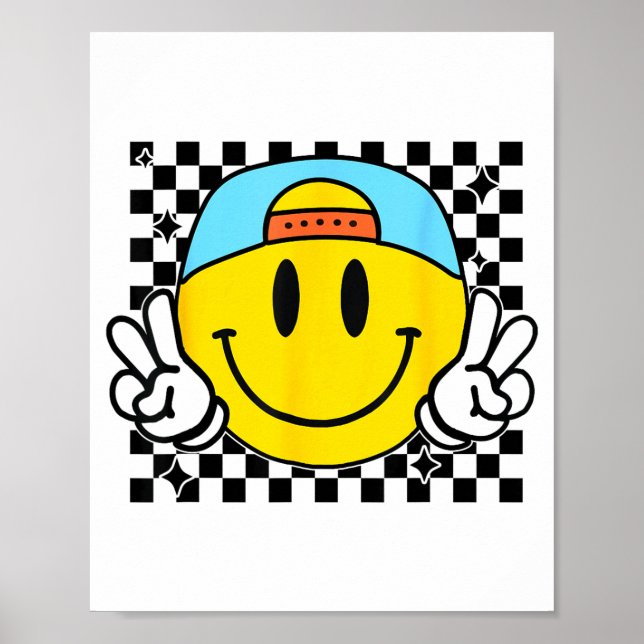 Yellow Smile Face Cute Checkered Peace Smiling Hap Poster (Framsidan)