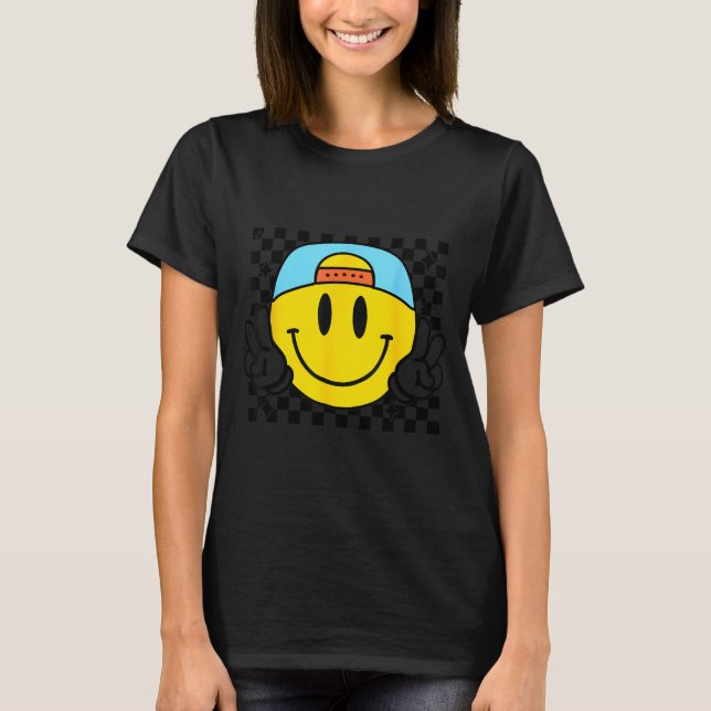 Yellow Smile Face Cute Checkered Peace Smiling Hap T Shirt (Framsida)