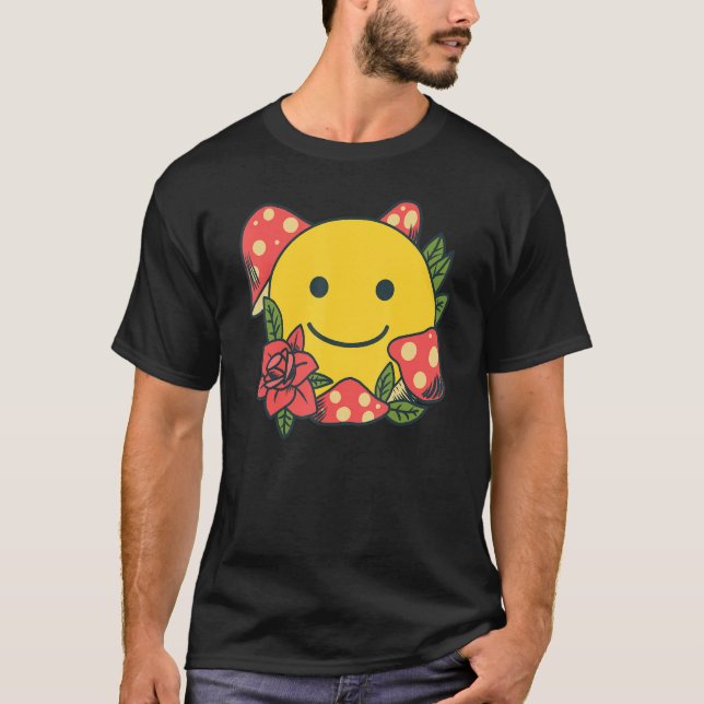 Yellow Smile   Smiling Face Cute Mushroom Rose Flo T Shirt (Framsida)