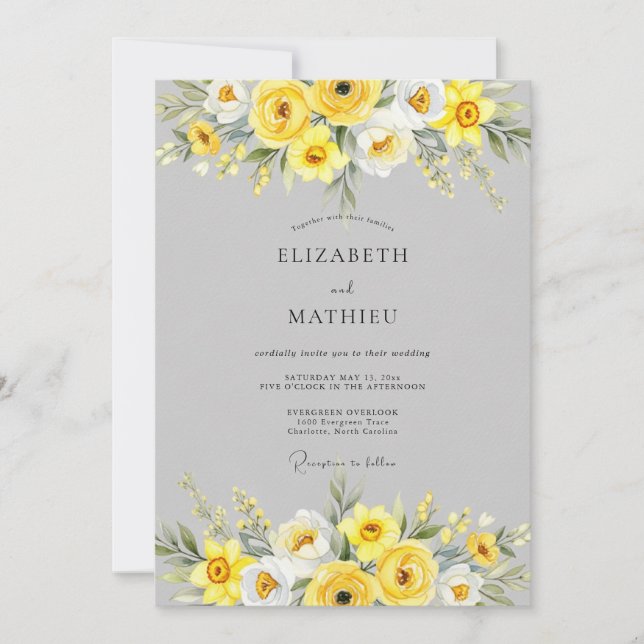 Yellow Sophisticated Floral Wedding Inbjudningar (Framsida)
