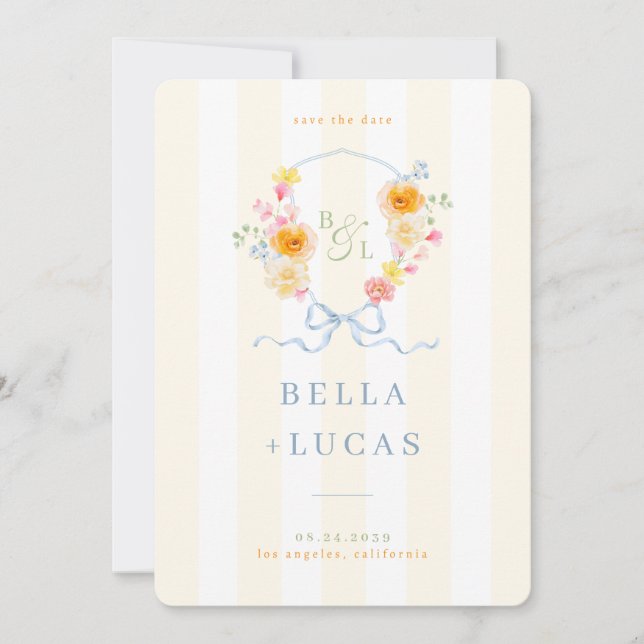 Yellow Stripe Floral Crest Monogram Spring Wedding Spara Datumet (Framsida)