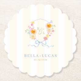 Yellow Stripe Floral Crest Monogram Spring Wedding Underlägg Papper