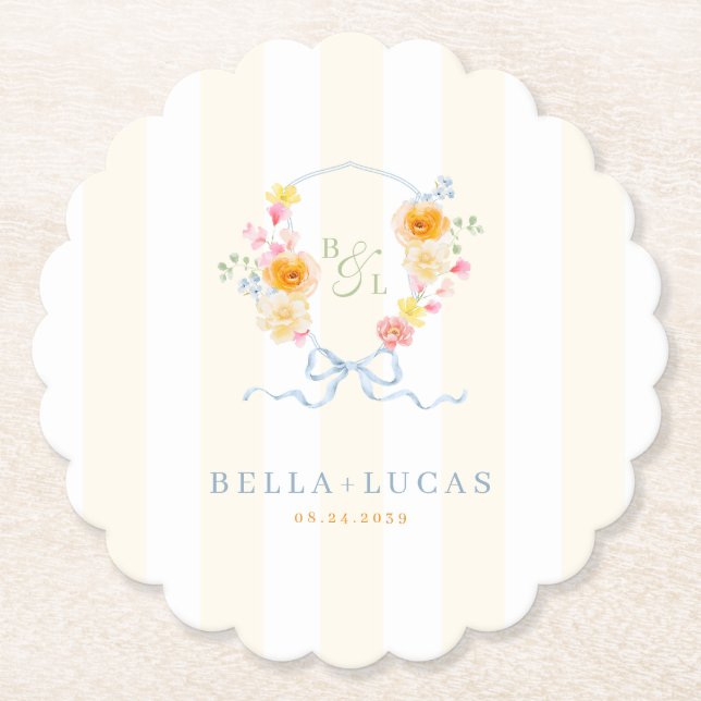 Yellow Stripe Floral Crest Monogram Spring Wedding Underlägg Papper (Framsida)