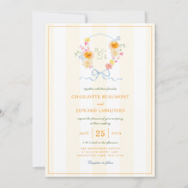 Yellow Stripe Floral Crest Spring Monogram Wedding Inbjudningar