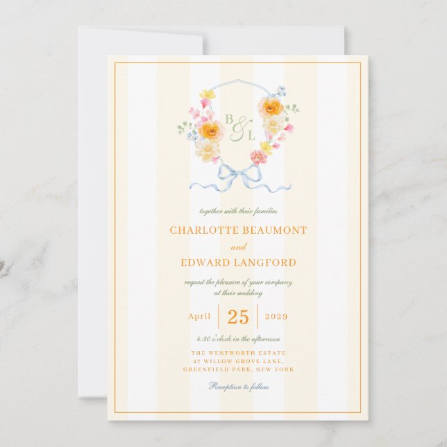 Yellow Stripe Floral Crest Spring Monogram Wedding Inbjudningar (Framsida)