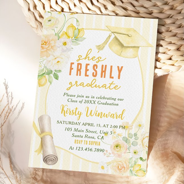 Yellow Stripes Lemons and Flowers Graduation Inbjudningar (Skapare uppladdad)