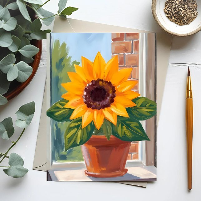 Yellow Sunflower Pot Floral Watercolor Vykort (Skapare uppladdad)