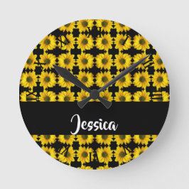 Yellow sunflowers on black rund klocka