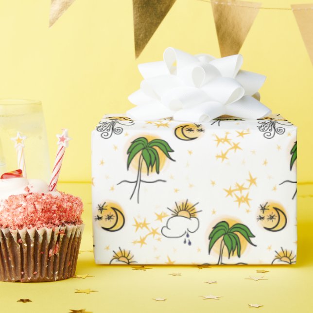 Yellow Suns Stars Moon Green Palm Scrapbook Paper Presentpapper (Födelsedagsfest)