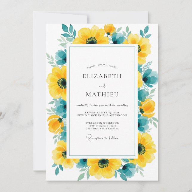 Yellow Teal Pristine Summer Wedding Inbjudningar (Framsida)