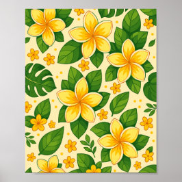 Yellow Tropical Flowers with Lush Green Leaves Poster
