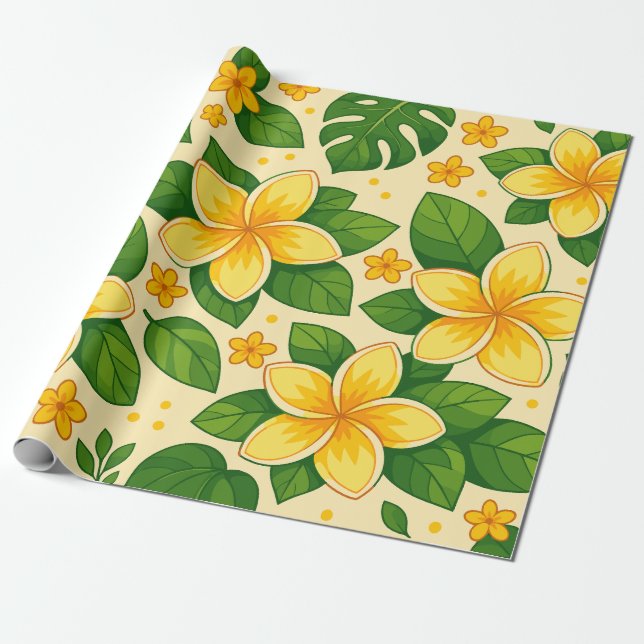 Yellow Tropical Flowers with Lush Green Leaves Presentpapper (Utrullad)