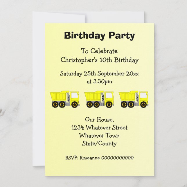 Yellow Truck Design Boy's Birthday Party Inbjudningar (Framsida)