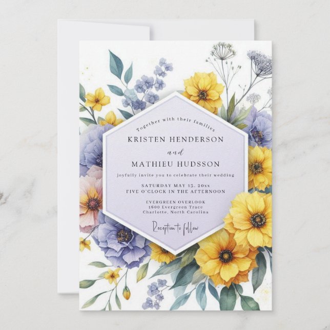 Yellow Violet Botanical Whimsy Wedding Inbjudningar (Framsida)