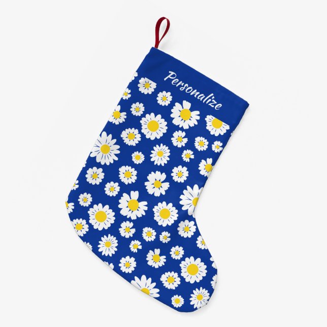 Yellow White Daisy Pattern On Blue Christmas Liten Julstrumpa (Framsidan (Hängande))
