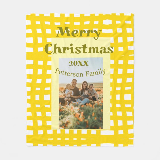 Yellow white plaid retro Christmas holiday family  Fleecefilt (Framsidan)