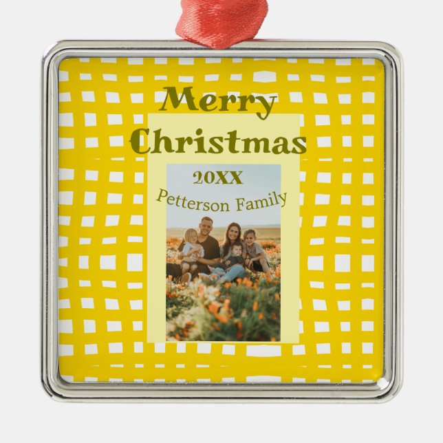 Yellow white plaid retro Christmas holiday family  Julgransprydnad Metall (Framsidan)