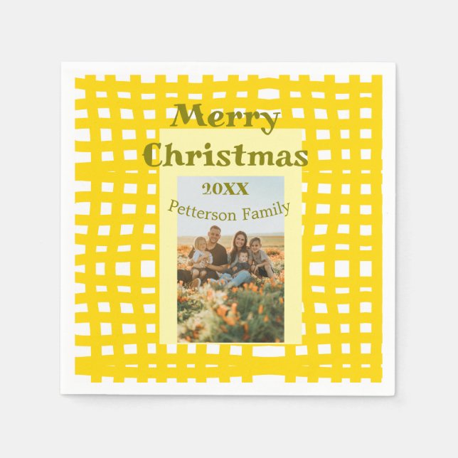 Yellow white plaid retro Christmas holiday family  Pappersservett (Framsidan)