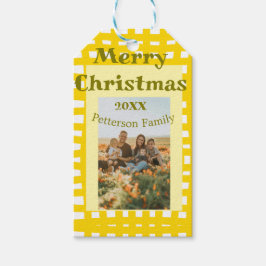 Yellow white plaid retro Christmas holiday family  Presentetikett