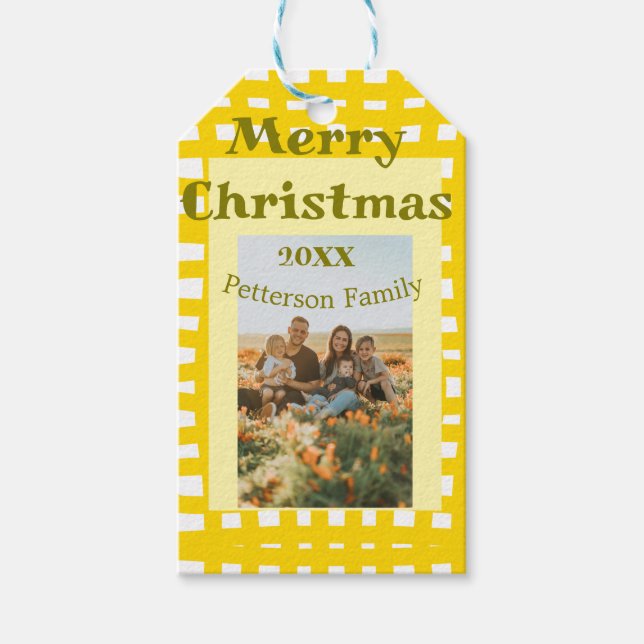 Yellow white plaid retro Christmas holiday family  Presentetikett (Framsidan)