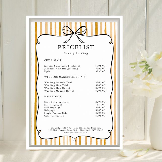 Yellow White Stripe Vintage Bow Price List Poster (Coral White Stripe Vintage Bow Price List Poster)