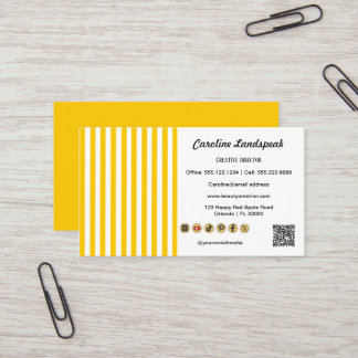 Yellow White Stripes, QR Code & Social Media Icons Visitkort
