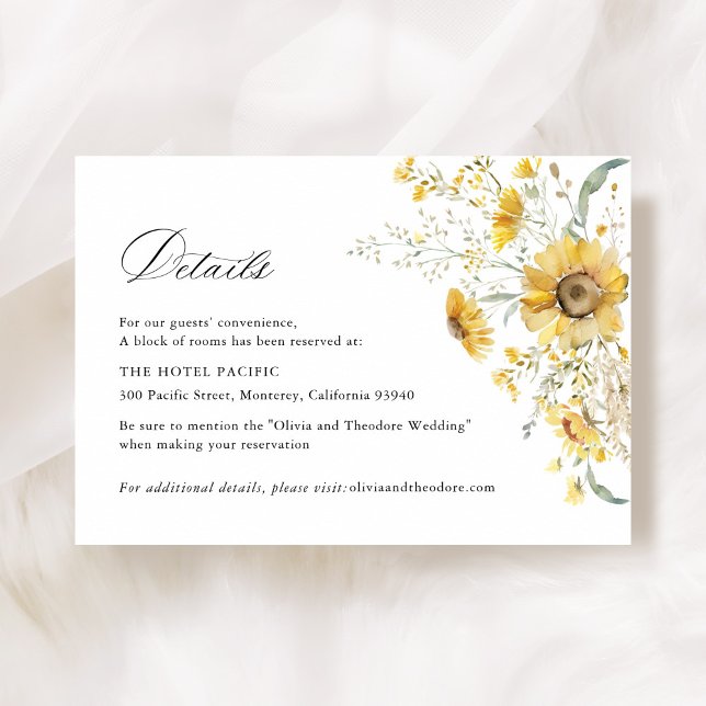 Yellow Wildflower Sunflower Wedding Hotel Details Tilläggskort (Yellow sunflower wildflower wedding hotel accommodation details card, floral wedding stationery)
