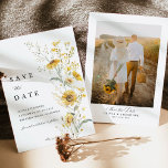 Yellow Wildflower Sunflower Wedding Photo Back Spara Datumet<br><div class="desc">A romantic yellow sunflower and wildflower photo save the date card featuring soft watercolor florals and an elegant botanical layout. The delicate golden yellow blooms frame a warm engagement photo beautifully, creating a timeless garden-inspired design. Perfect for sunflower weddings, wildflower themes, countryside venues, and romantic outdoor celebrations. The airy floral...</div>
