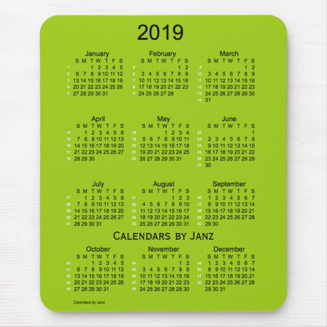 Yellowgreen 52 vecka 2019 kalender vid Janz Musmatta (Framsidan)