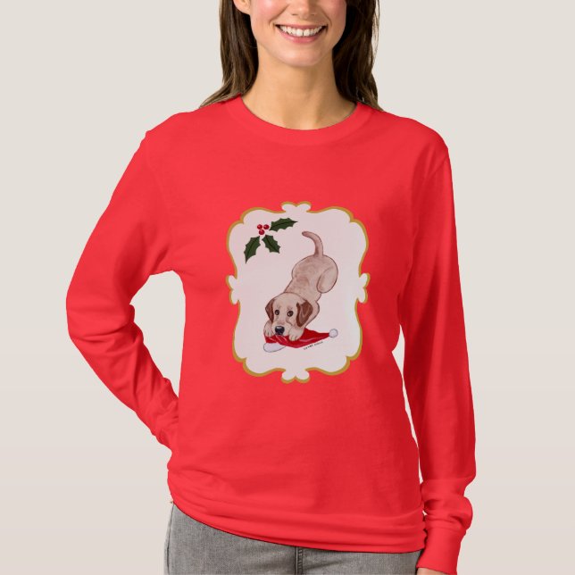 YellowLabrador valp- & Santa hattjul T Shirt (Framsida)