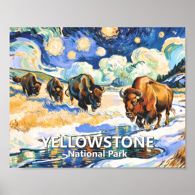 Yellowstone Bison Färgrik Retro Stjärnklar Natt Ko Poster (Framsidan)