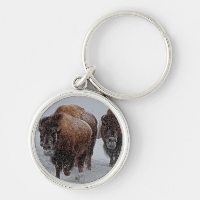 Yellowstone Bison Rund Silverfärgad Nyckelring (Framsidan)
