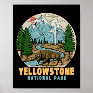 Yellowstone National Park Bison Retro Vandringläge Poster