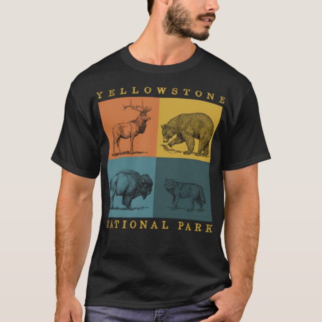 Yellowstone National Park Retro Animals Elk Bison T Shirt (Framsida)