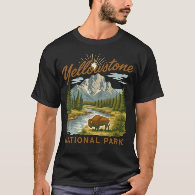 Yellowstone Nationalpark Bison Bergflod T Shirt (Framsida)