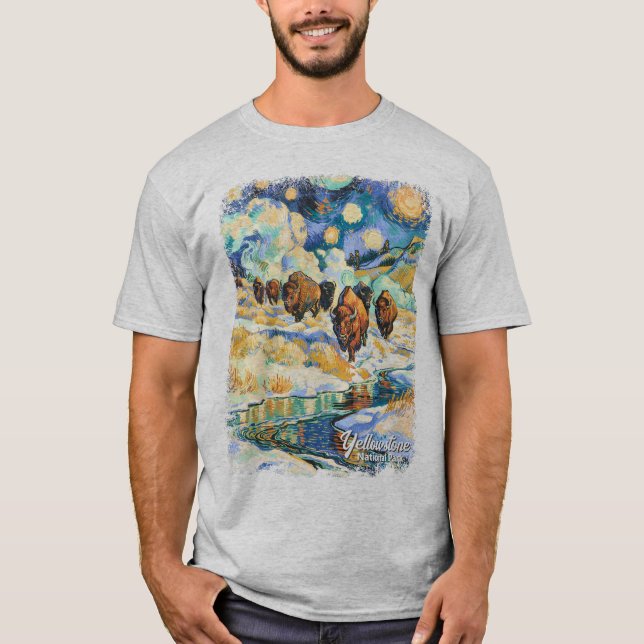 Yellowstone Nationalpark Bison Vintage Van Gogh T Shirt (Framsida)