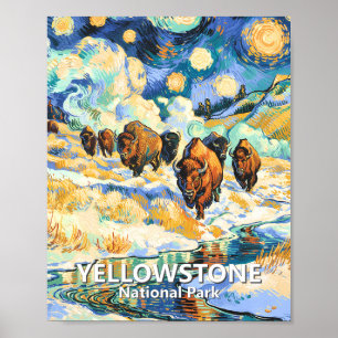 Yellowstone Nationalpark Bison Vintage Vinterkonst Poster