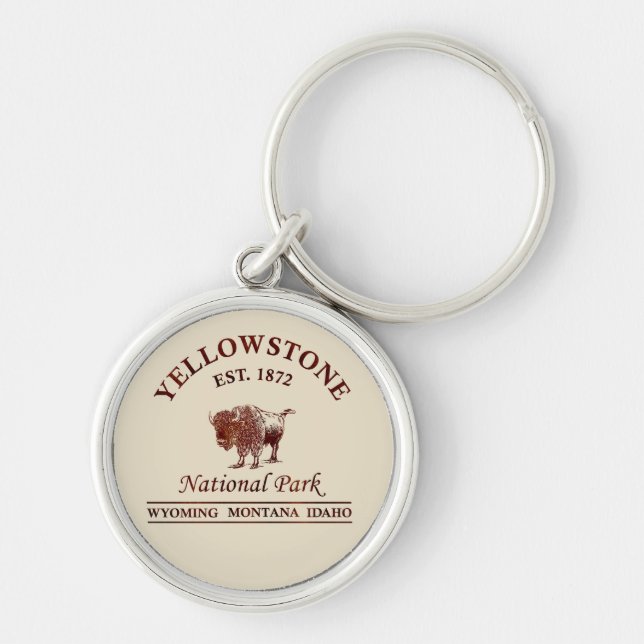Yellowstone nationalpark rund silverfärgad nyckelring (Framsidan)