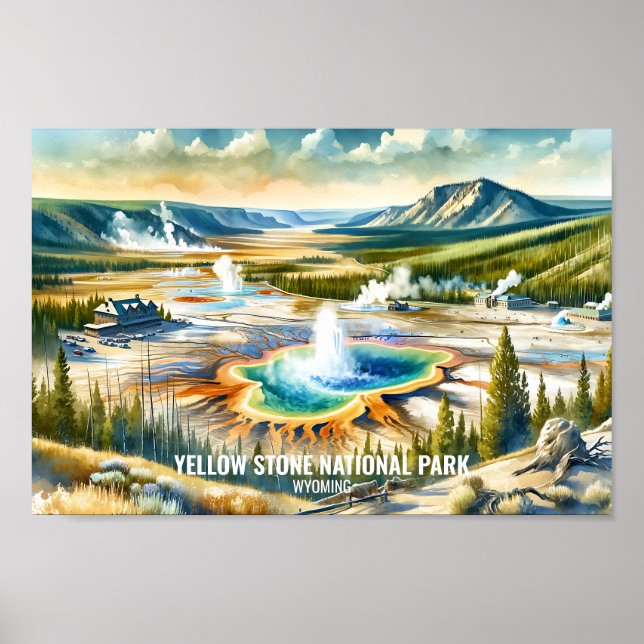 Yellowstone nationalpark Travel - vattenfärg Poster (Framsidan)