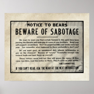 Yellowstone Park Notice Humous Bear 1959 Poster